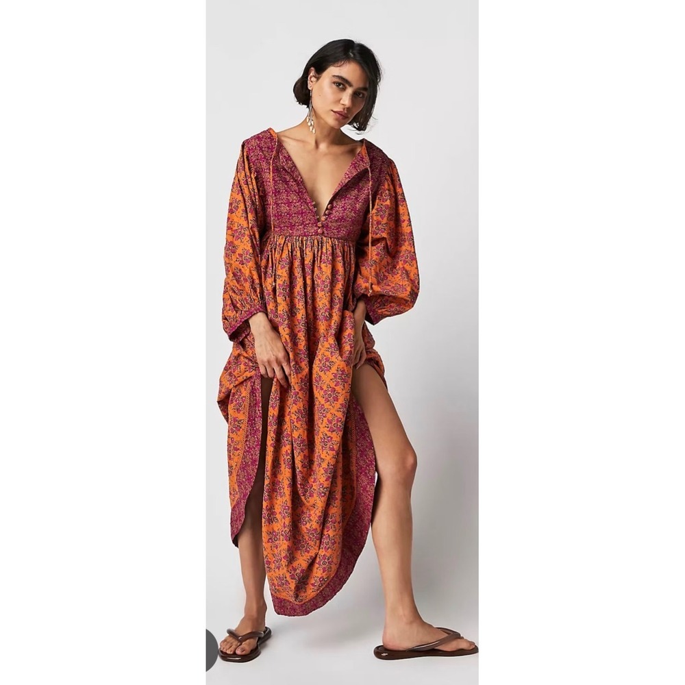 Free People Hazy Maisy Maxi Dress Pink & Orange Autumn Fall Size Large  BOHO